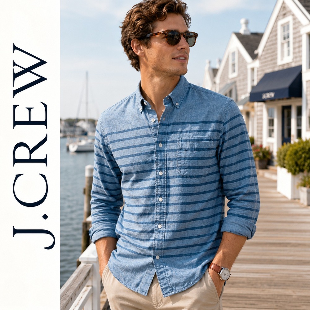 J.Crew Button Down Shirt Mens S Small Slim Fit Blue Chambray Striped Long Sleeve